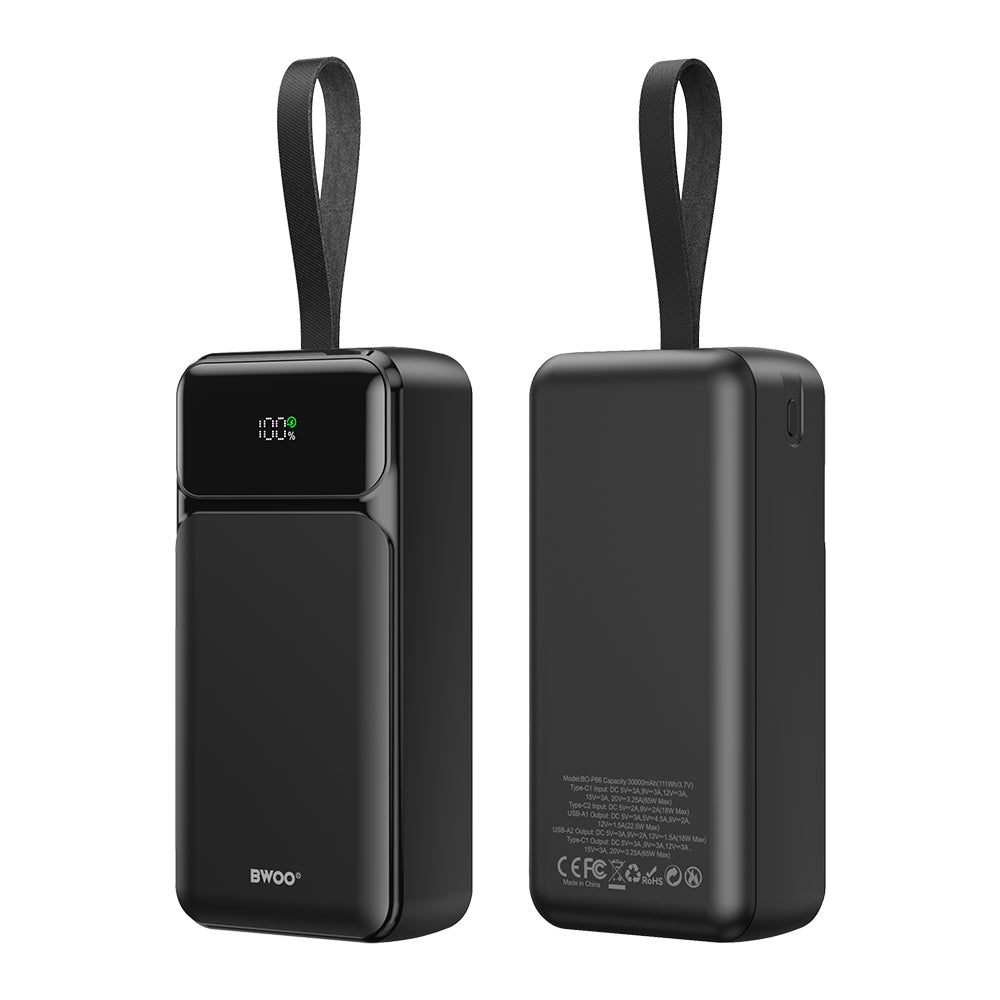 External Battery BWOO BO-P66, 30000mAh, 65W, QC + PD, 1 x USB-C - 2 x USB-A, Black