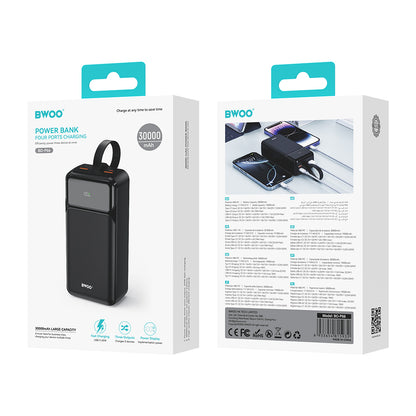 External Battery BWOO BO-P66, 30000mAh, 65W, QC + PD, 1 x USB-C - 2 x USB-A, Black