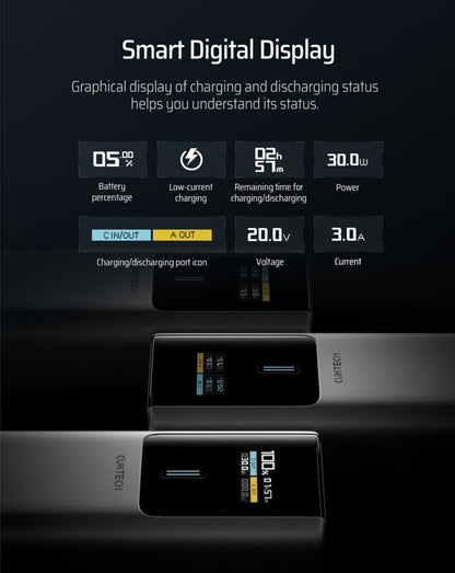 Cuktech External Battery, 10000mAh, 150W, QC + PD, 1 x USB-A - 1 x USB-C, Gray CKPB100PGLBK