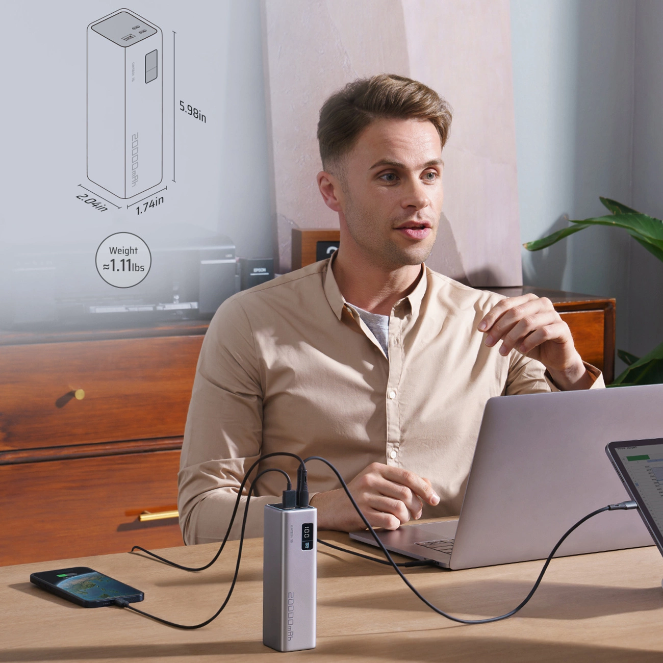 Cuktech External Battery, 20000mAh, 100W, QC + PD, 1 x USB-A - 2 x USB-C, Gray CUKP200XGLGR