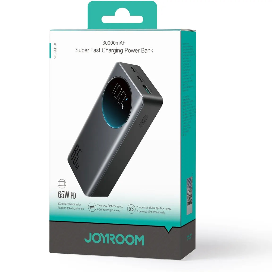 External Battery Joyroom JR-PBF05, 30000mAh, 65W, QC + PD, 1 x USB-A - 2 x USB-C, Black 