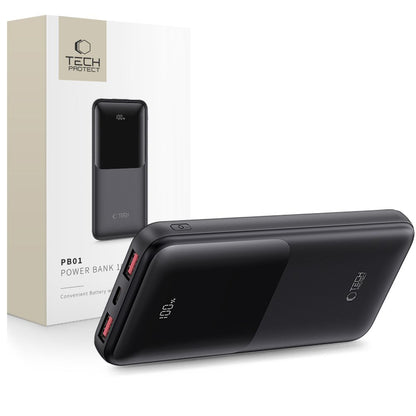 Baterie Externa Tech-Protect PB01, 10000mAh, 22.5W, QC + PD, 1 x USB-C - 2 x USB-A, Neagra