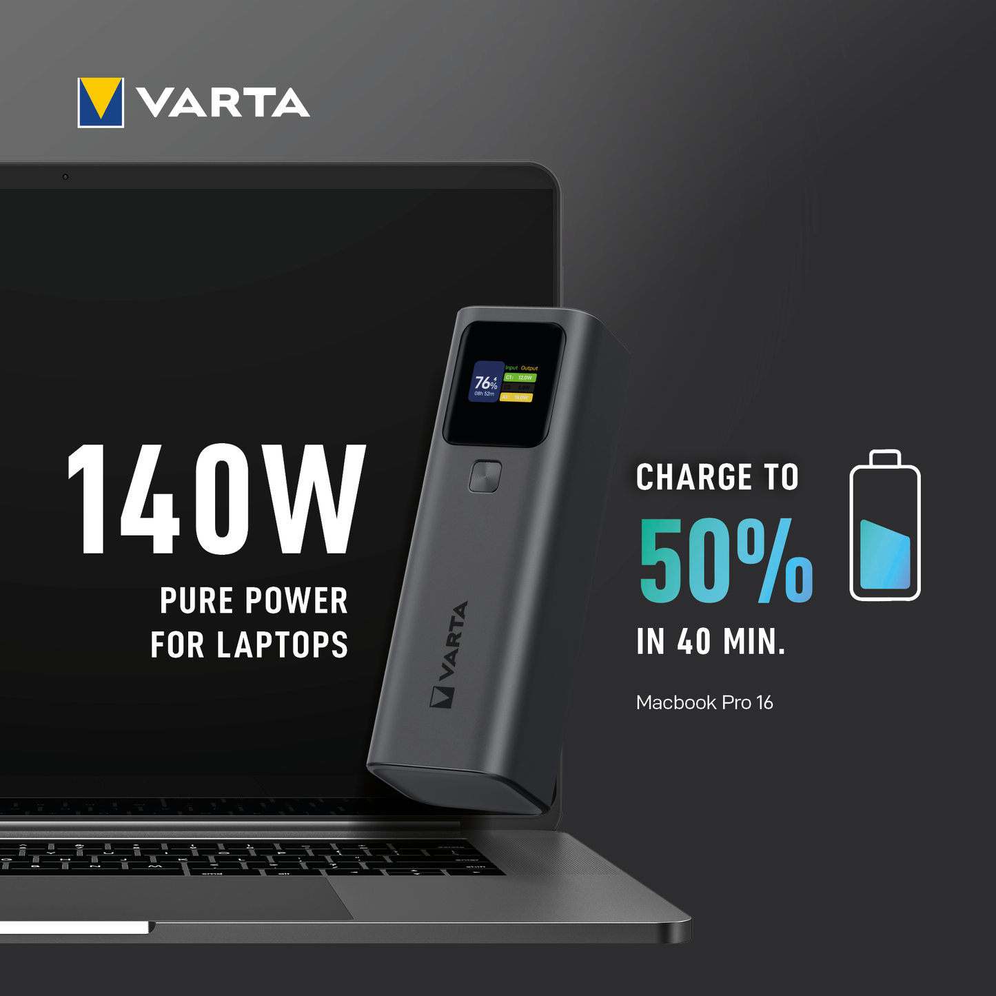 Varta High Speed External Battery, 27000mAh, 140W, QC + PD, 1 x USB-A - 2 x USB-C, Black