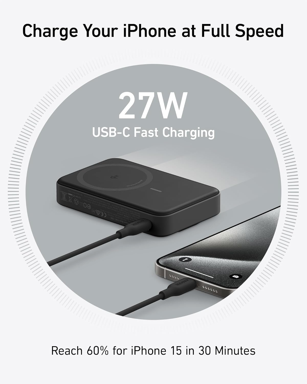 Anker MagGo Wireless External Battery, 10000mAh, 27W, PD + FQI, 1 x QI - 1 x USB-C, Black A1654011