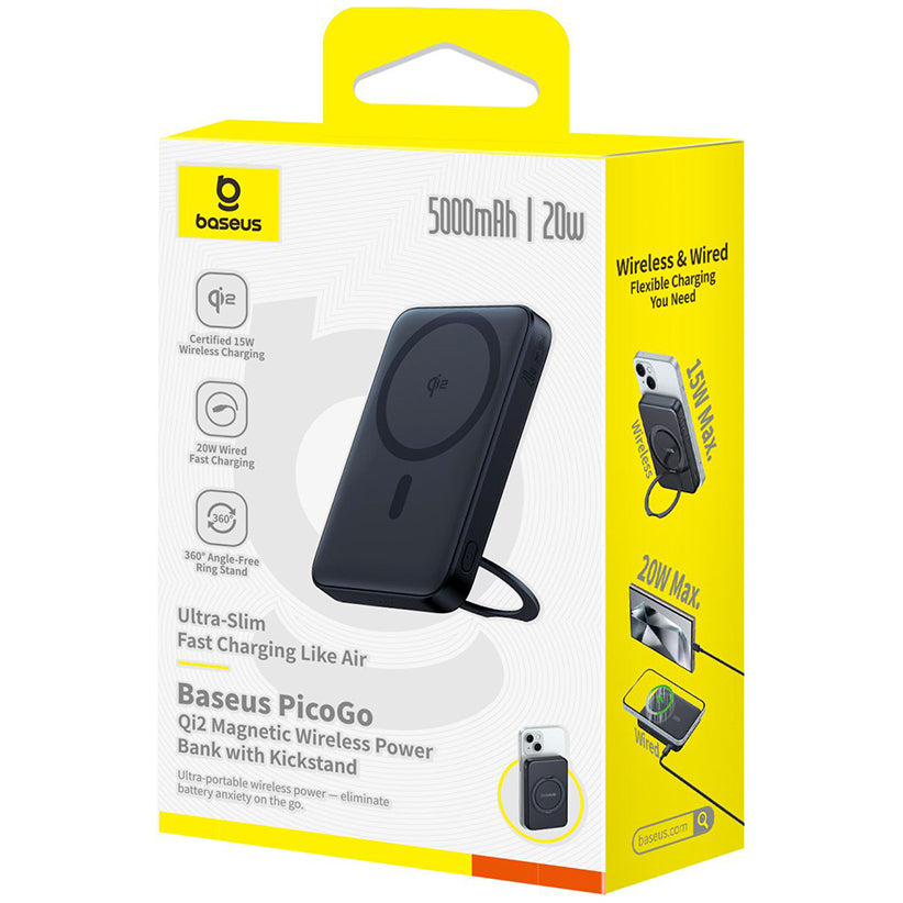 Baseus PicoGo External Wireless Battery, 5000mAh, 20W, PD + FQI, 1 x QI - 1 x USB-C, Black P10076802123-00