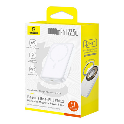 External Wireless Battery Baseus EnerFill FM11 Ultra-Mini, 10000mAh, 22.5W, PD + FQI, 1 x QI - 1 x USB-C, White P1008210E213-00