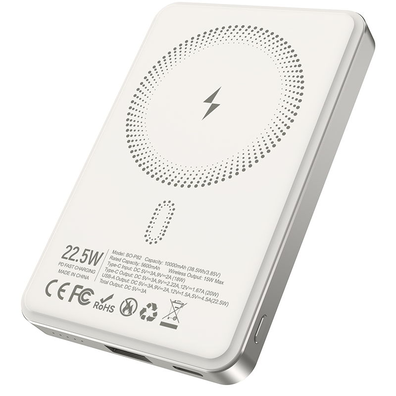 Wireless External Battery BWOO BO-P82, 10000mAh, 22.5W, PD + FQI, 1 x QI - 1 x USB-C, White