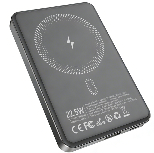 Wireless External Battery BWOO BO-P82, 10000mAh, 22.5W, PD + FQI, 1 x QI - 1 x USB-C, Gray