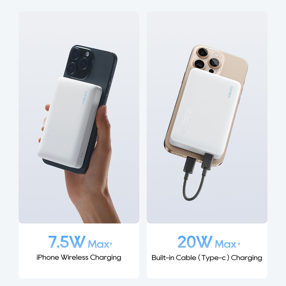 Cuktech Wireless External Battery WPB100N, 10000mAh, 20W, PD + QI, 1 x QI - 1 x USB-C, White CKWPB100NGLGR