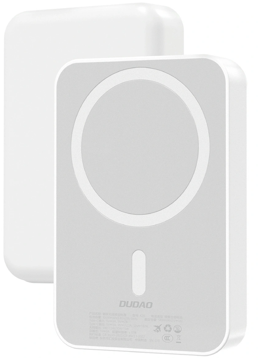 Dudao K26 Wireless External Battery, 10000mAh, 20W, PD + FQI, 1 x QI - 1 x USB-C, White