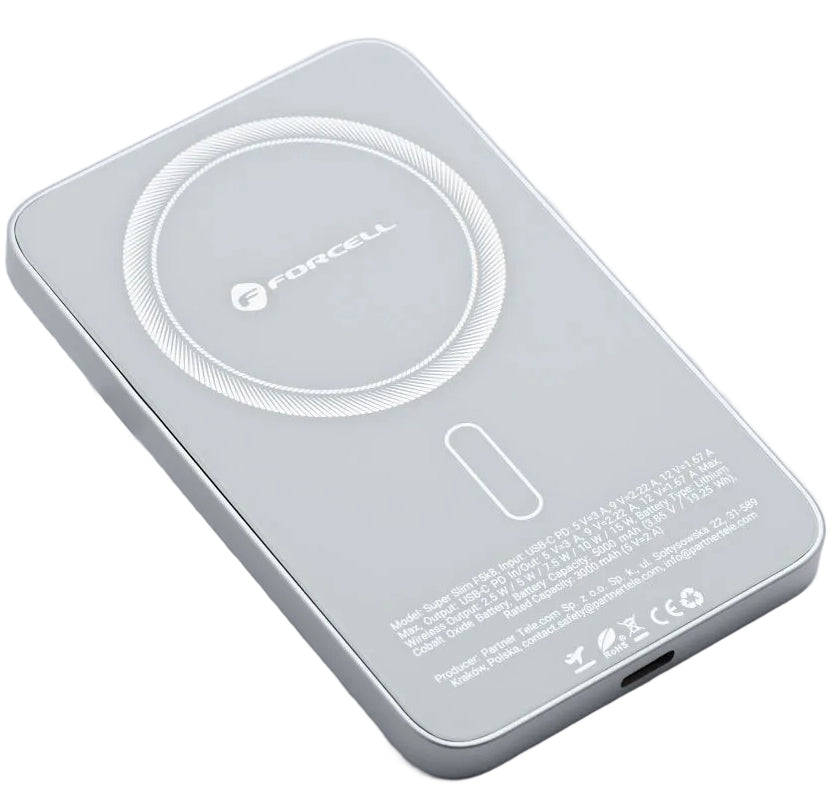 Forcell F5K8 Wireless External Battery, 5000mAh, 15W, PD + FQI, 1 x QI - 1 x USB-C, White
