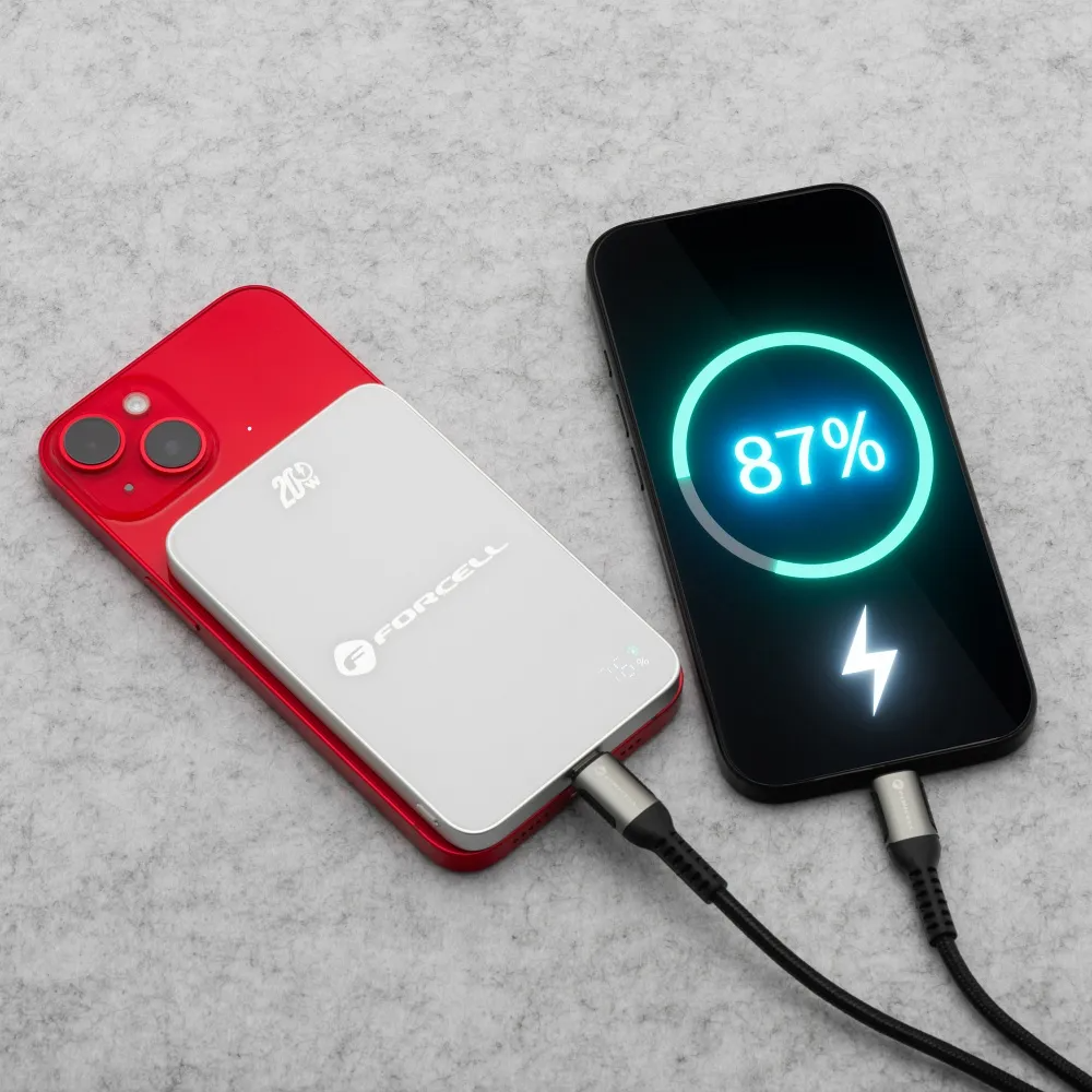 Forcell F5K8 Wireless External Battery, 5000mAh, 15W, PD + FQI, 1 x QI - 1 x USB-C, White