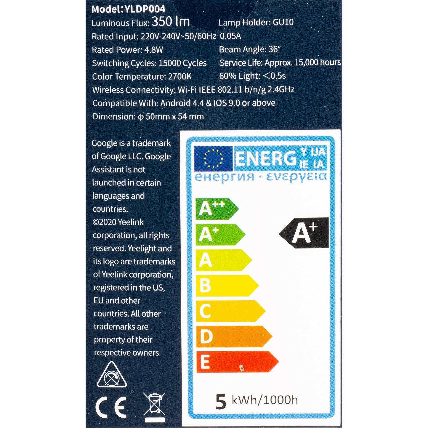 Yeelight W1 LED Bulb, Wi-Fi, GU10, 4.8W, 2700K, 350lm, White YLDP004