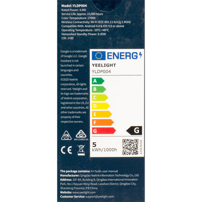 Yeelight W1 LED Bulb, Wi-Fi, GU10, 4.8W, 2700K, 350lm, Set of 4 pieces YLDP004