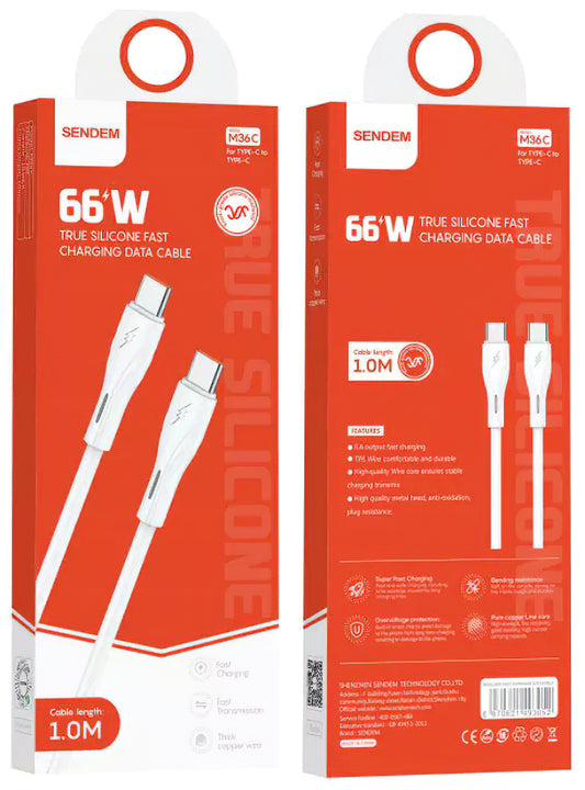 USB-C Data and Charging Cable - USB-C Sendem M36C, 66W, 1m, White
