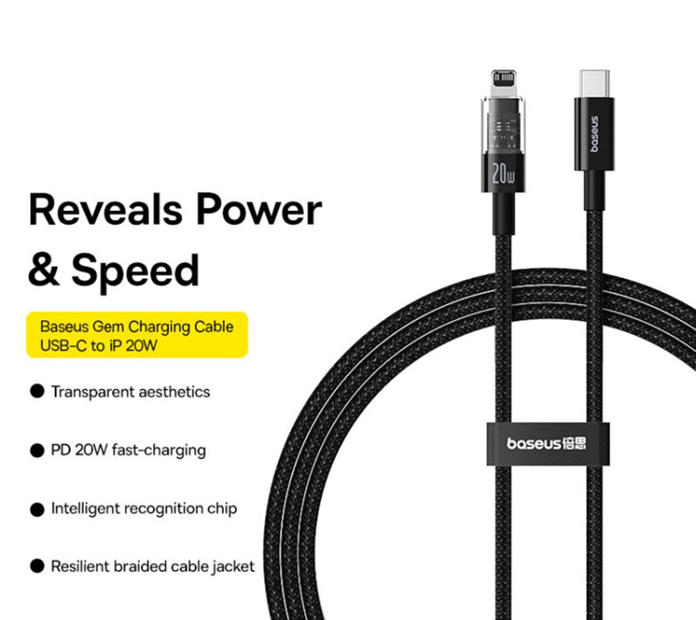 USB-C to Lightning Data and Charging Cable Baseus Gem, 20W, 1m, Black P10373001111-00