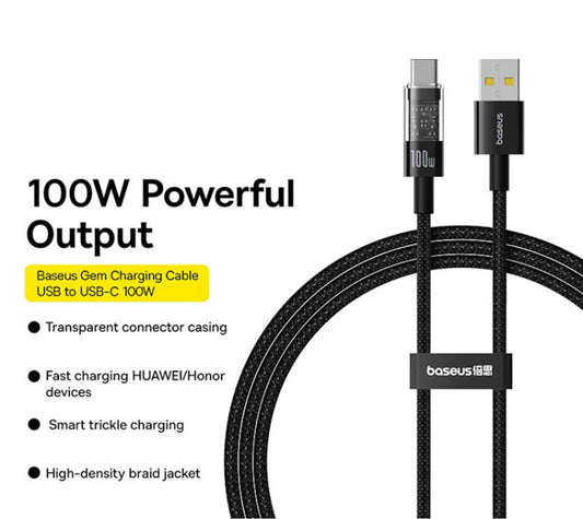 USB-A to USB-C Baseus Gem Data and Charging Cable, 100W, 2m, Black P10373002111-01