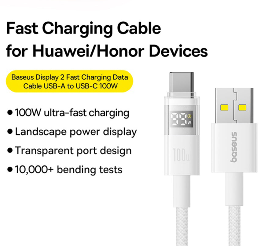 USB-A to USB-C Data and Charging Cable Baseus Display 2, 100W, 2m, White P10382701211-01
