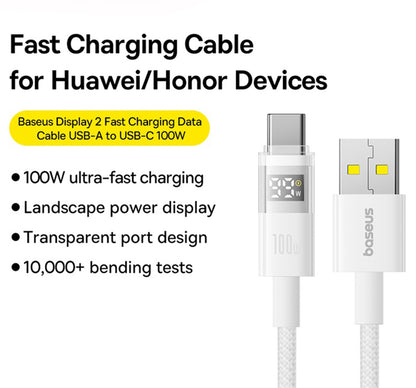 USB-A to USB-C Data and Charging Cable Baseus Display 2, 100W, 2m, White P10382701211-01