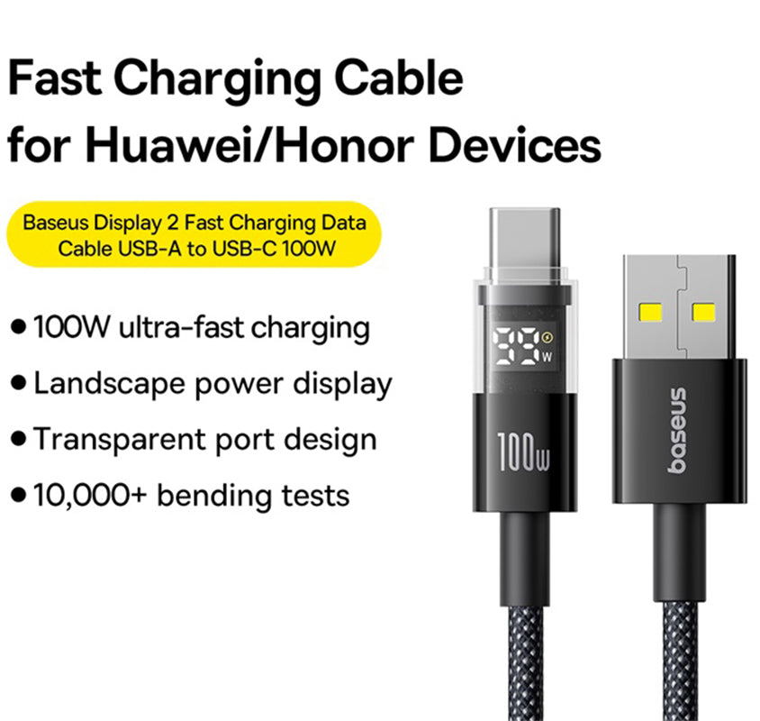 Baseus Display 2 USB-A to USB-C Data and Charging Cable, 100W, 2m, Black P10382701111-00
