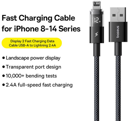 USB-A to Lightning Baseus Display 2 Data and Charging Cable, 18W, 1m, Black P10382700121-00