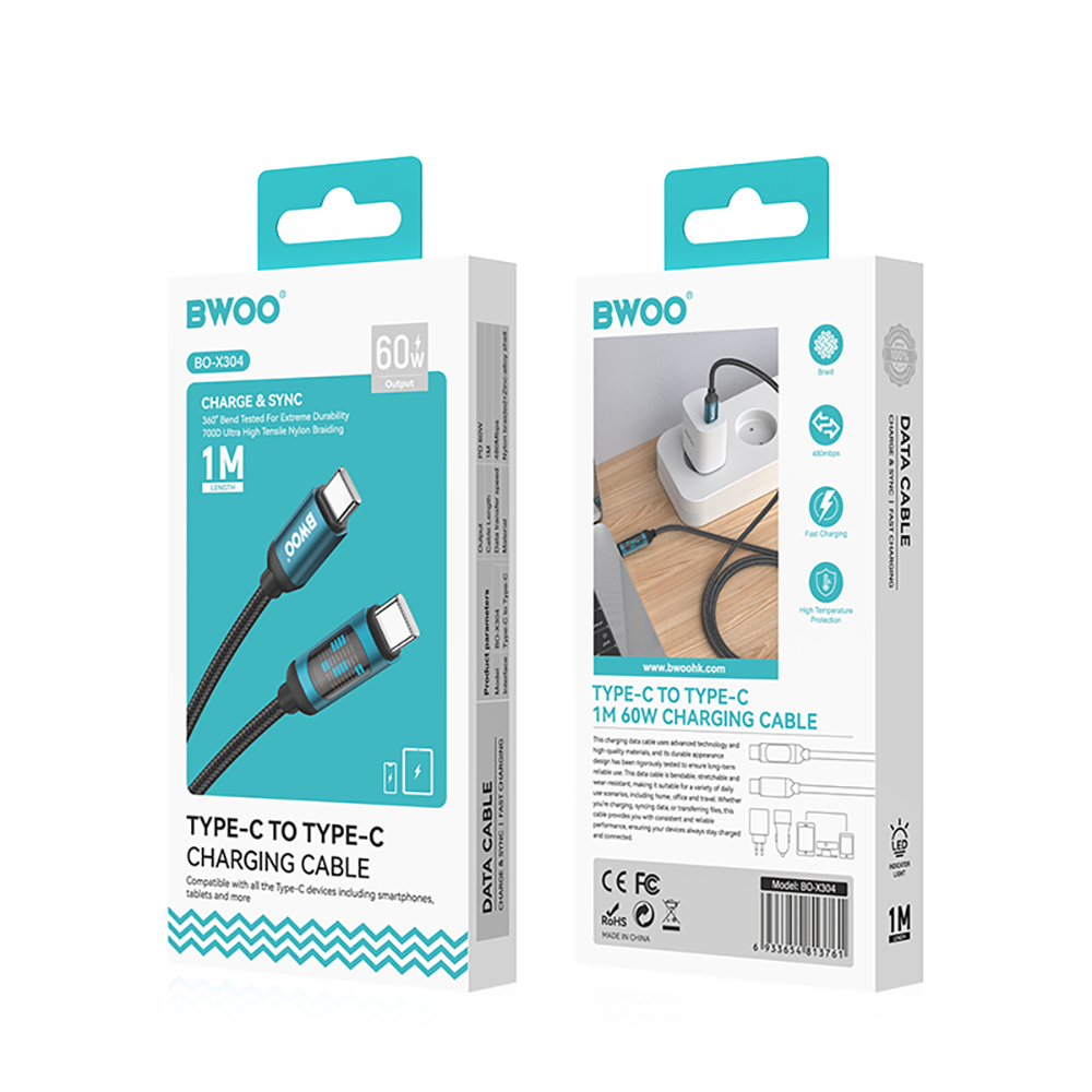 USB-C Data and Charging Cable - USB-C BWOO BO-X304 Led, 60W, 1m, Black