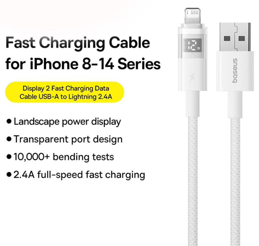 USB-A to Lightning Baseus Display 2 Data and Charging Cable, 18W, 1m, White P10382700211-00