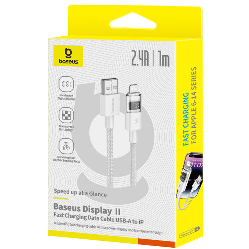 USB-A to Lightning Baseus Display 2 Data and Charging Cable, 18W, 1m, White P10382700211-00