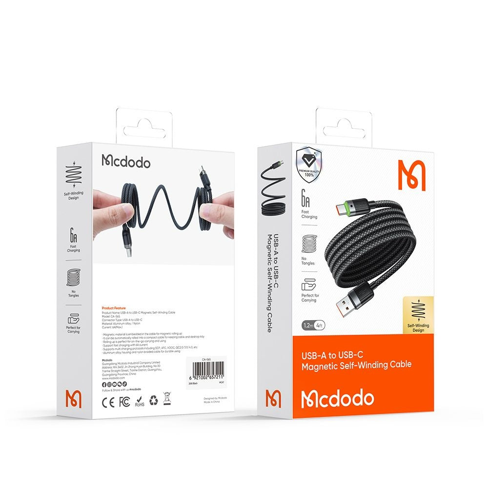 McDodo CA-5650 Self Winding USB-A to USB-C Data and Charging Cable, 66W, 1.2m, Black