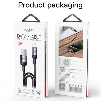 USB-A to USB-C Data and Charging Cable Yesido CA130C, 18W, 2m, Black
