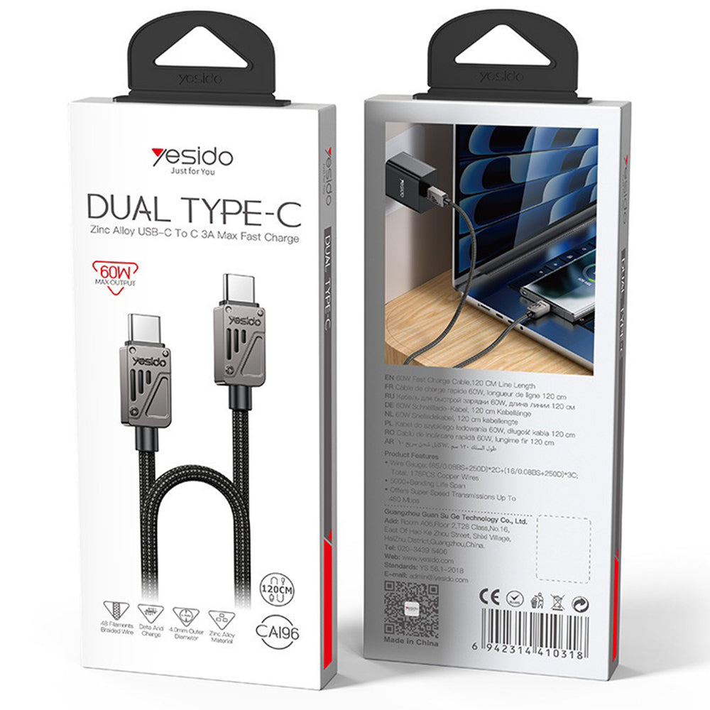 USB-C Data and Charging Cable - USB-C Yesido CA196, 60W, 1.2m, Black