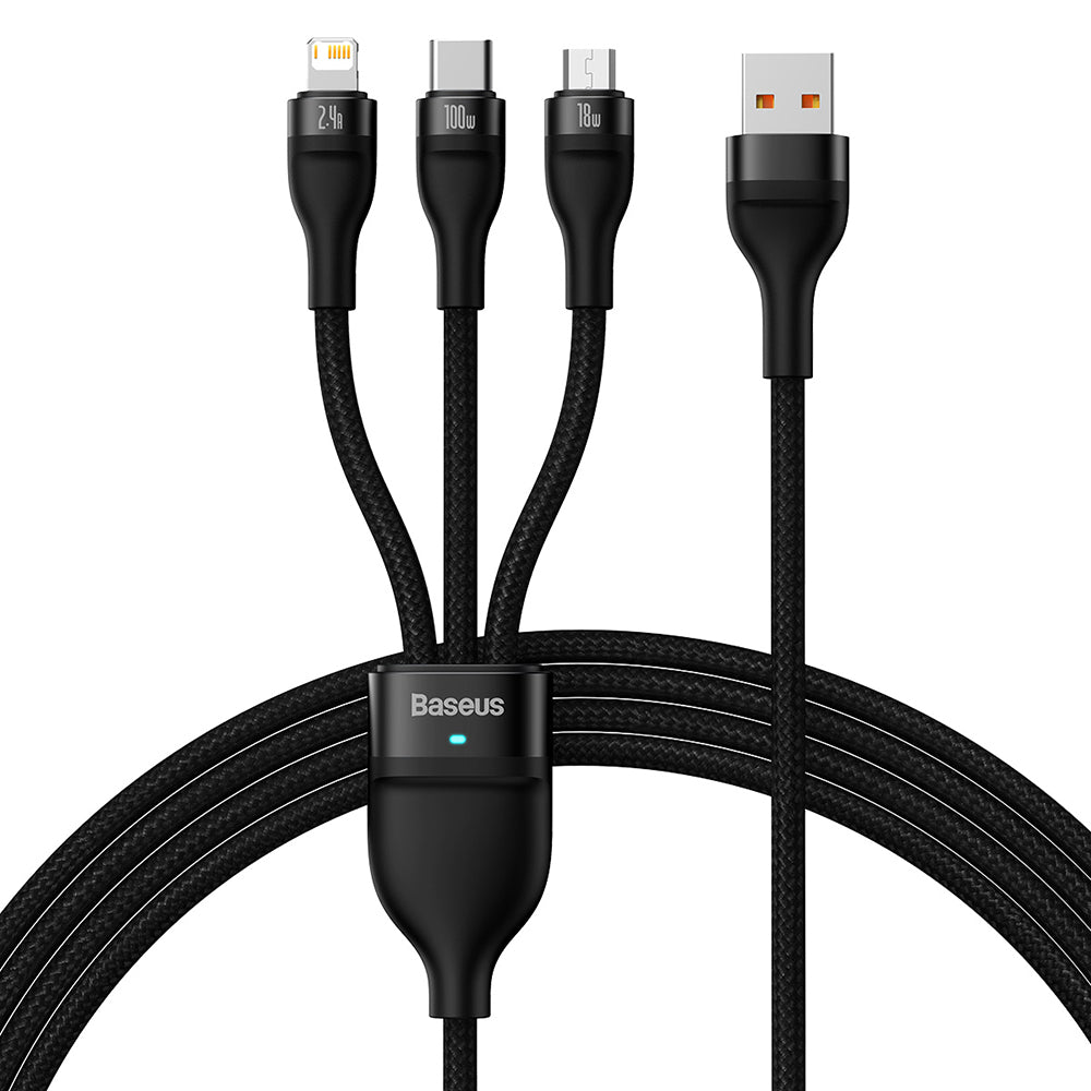 USB-A Charging Cable - Lightning / microUSB / USB-C Baseus Flash Series II 3in1, 100W, 1.2m, Black CASS030001