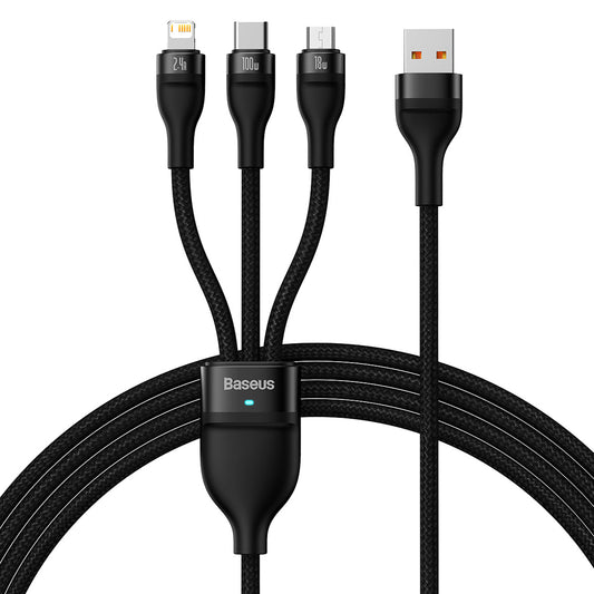 USB-A Charging Cable - Lightning / microUSB / USB-C Baseus Flash Series II 3in1, 100W, 1.2m, Black CASS030001