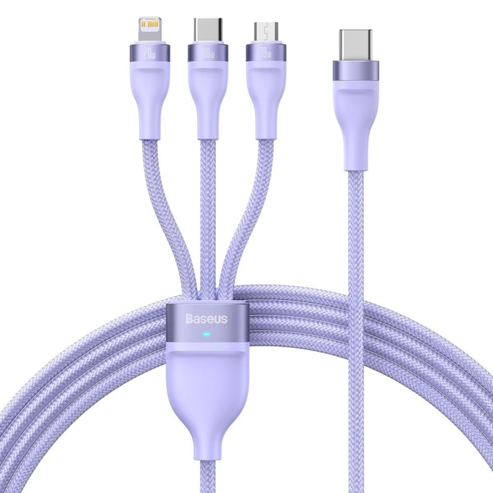 USB-A Charging Cable - Lightning / microUSB / USB-C Baseus Flash Series II 3in1, 100W, 1.2m, Purple CASS030005