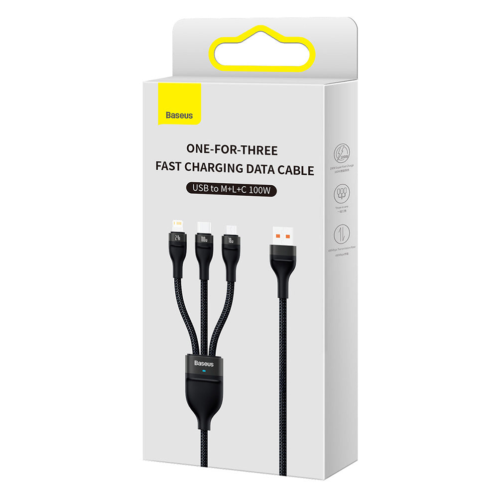 USB-A Charging Cable - Lightning / microUSB / USB-C Baseus Flash Series II 3in1, 100W, 1.2m, Black CASS030001