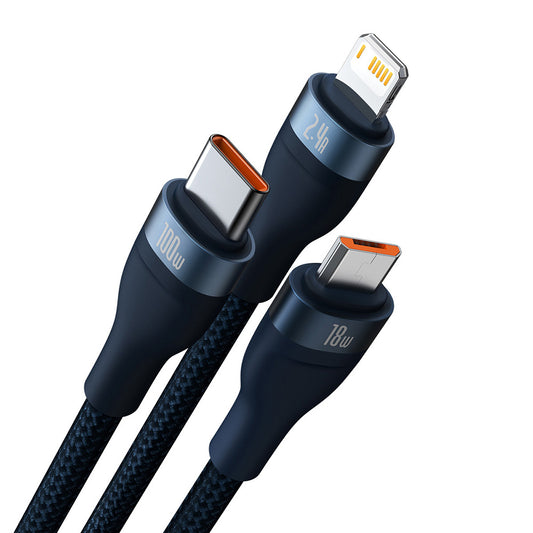 USB-A Charging Cable - Lightning / microUSB / USB-C Baseus Flash Series II 3in1, 100W, 1.2m, Blue CASS030003
