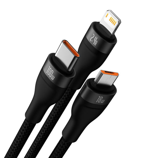 USB-A Charging Cable - Lightning / microUSB / USB-C Baseus Flash Series II 3in1, 100W, 1.2m, Black CASS030001