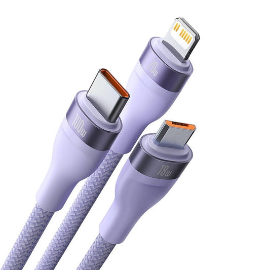 USB-A Charging Cable - Lightning / microUSB / USB-C Baseus Flash Series II 3in1, 100W, 1.2m, Purple CASS030005