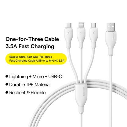 USB-A Charging Cable - Lightning / microUSB / USB-C Baseus Ultra Fast 3in1, 18W, 1.3m, White P10376303211-00