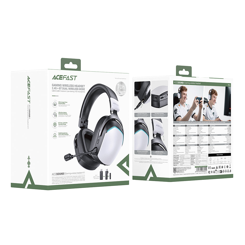 Acefast H11 Wireless Gaming Headphones, RGB, BT / Wi-Fi / Wired, White