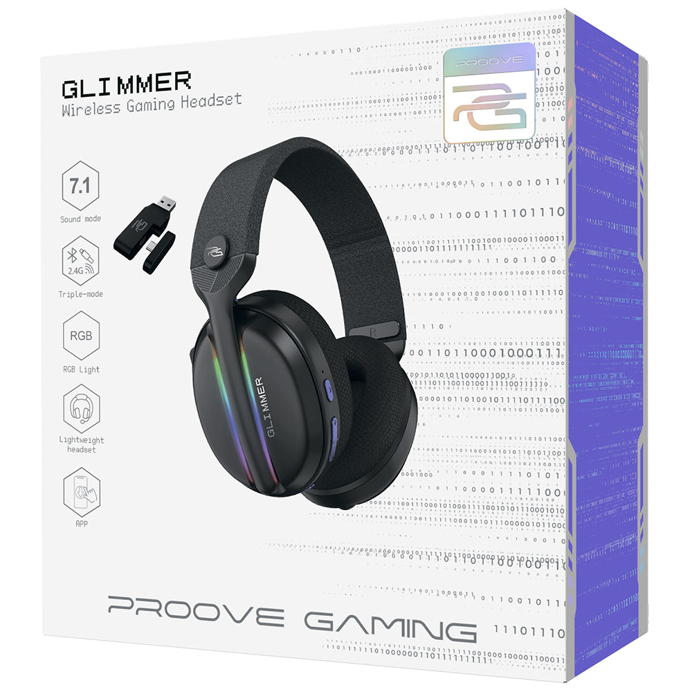 Proove Glimmer Wireless Gaming Headphones, RGB, BT / Wi-Fi / Wired, Black WHGL00022001