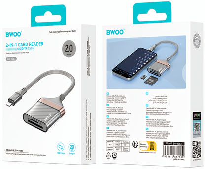 BWOO BZ63 Lightning Card Reader, SD - microSD, Gray