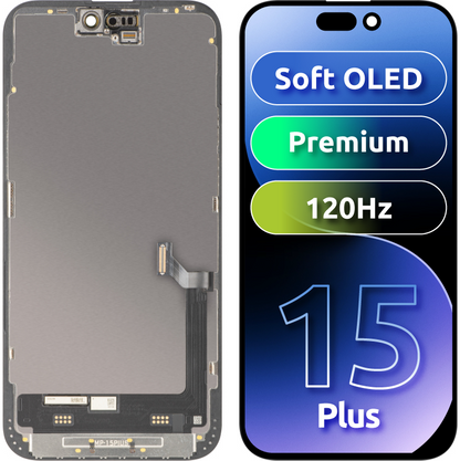 MP Touchscreen Display compatible with Apple iPhone 15 Plus, with Frame, Premium Soft OLED FHD 120Hz Version, Black