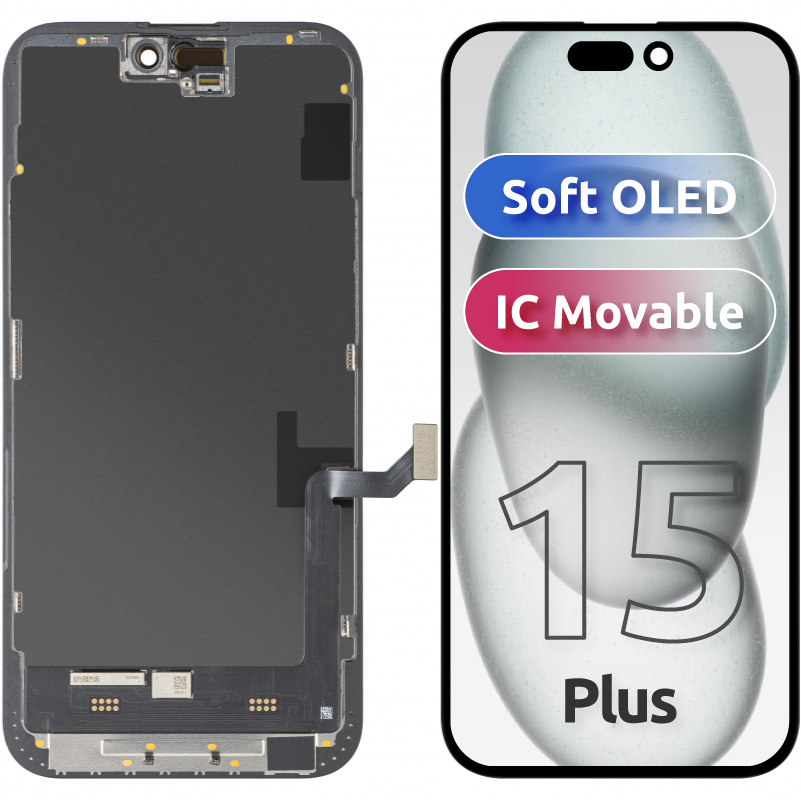 MP Touchscreen Display compatible with Apple iPhone 15 Plus, with Frame, Soft OLED FHD Movable IC Version, Black