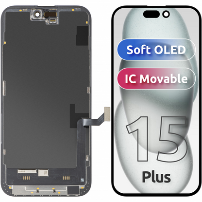MP Touchscreen Display compatible with Apple iPhone 15 Plus, with Frame, Soft OLED FHD Movable IC Version, Black