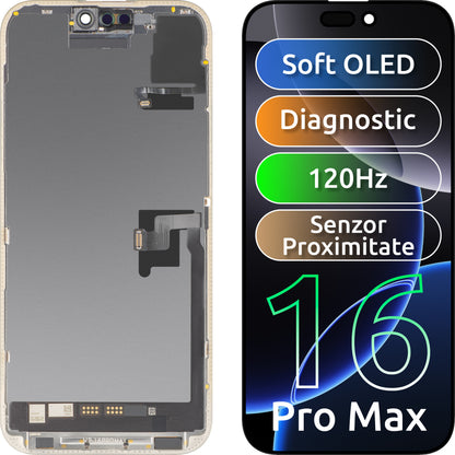 Touchscreen Display with Proximity Sensor MP compatible with Apple iPhone 16 Pro Max, with Frame, OLED FHD 120Hz Diagnostic Software Version, Black