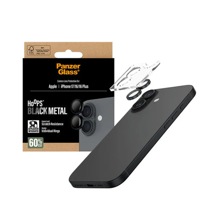 Back Camera Protection Film PanzerGlass Hoops for Apple iPhone 17 / 16 Plus / 16, Tempered Glass, Black