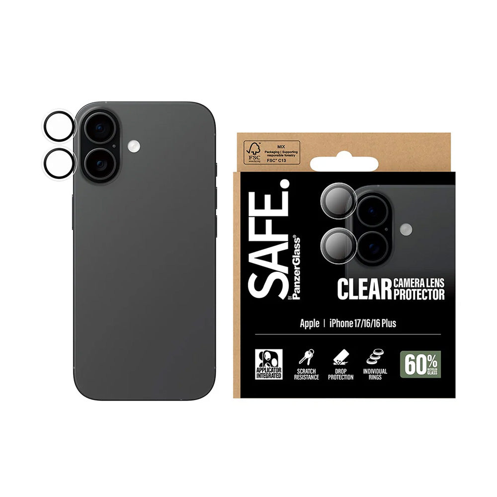 PanzerGlass Safe Rear Camera Protector. for Apple iPhone 17 / 16 Plus / 16, Tempered Glass, Transparent