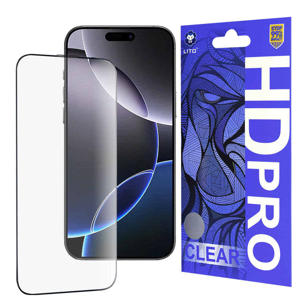 Lito HD Pro Clear Screen Protector for Apple iPhone 16 Pro Max, Tempered Glass, Full Glue, Black