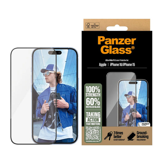 PanzerGlass Ultra-Wide Fit Screen Protector for Apple iPhone 16 / 15, Tempered Glass, Full Glue, Black